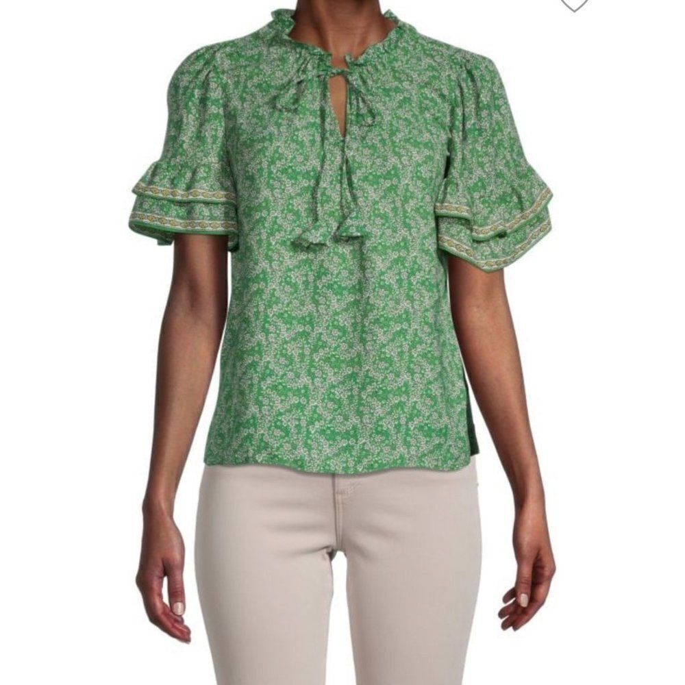 Max Studio Green Floral Flutter Short Sleeve Blouse Size S